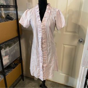 Bell Dress Sz 8 Button Down Ruched Shirt Dress Striped Pink Ruffled short sleeve